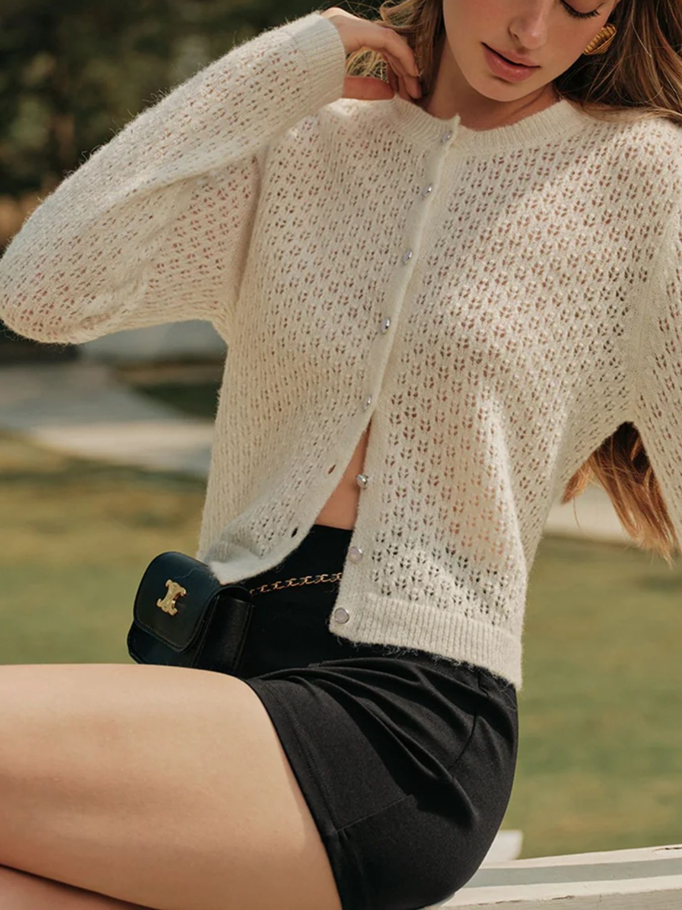 Openwork Button Up Long Sleeve Cardigan