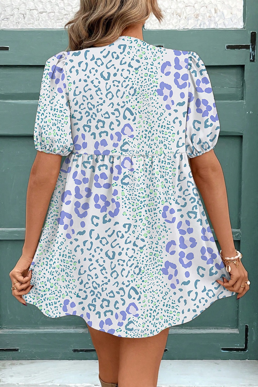 Leopard Print Bow Front Puff Sleeve Mini Dress