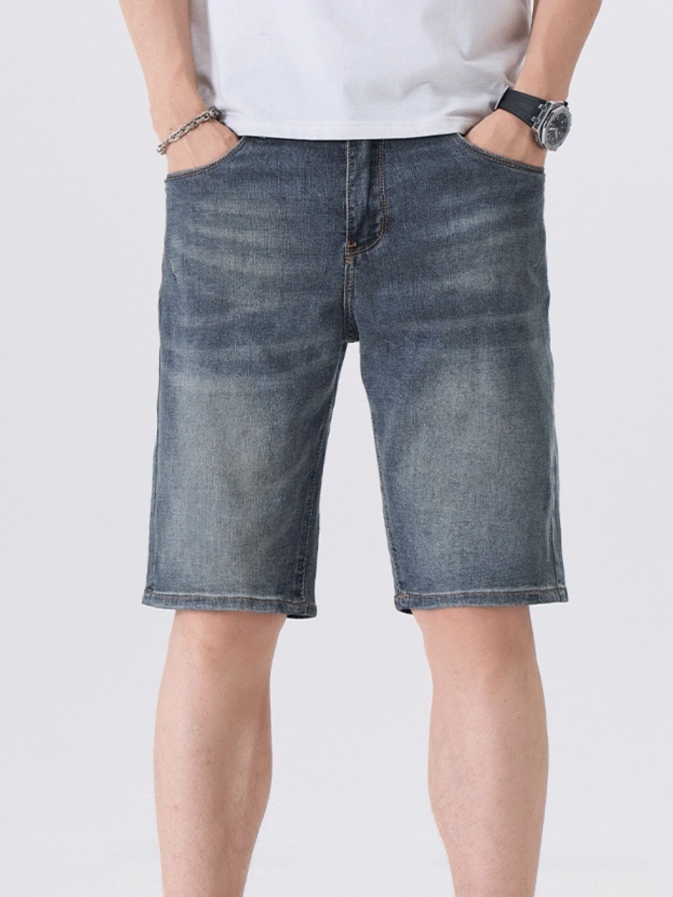 Men's Washed Denim Shorts with Pockets