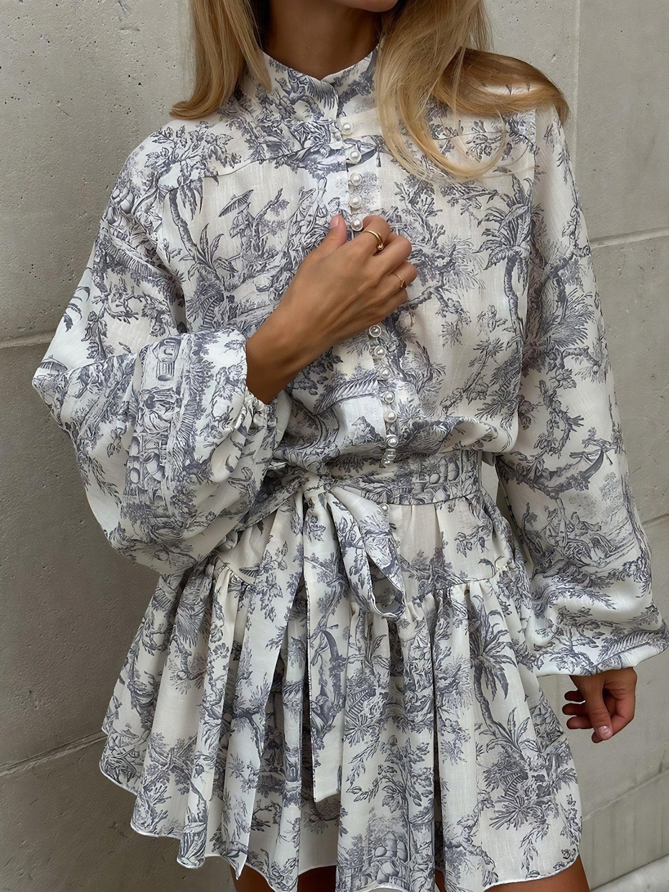 Printed Balloon Sleeve Tie Waist Dress