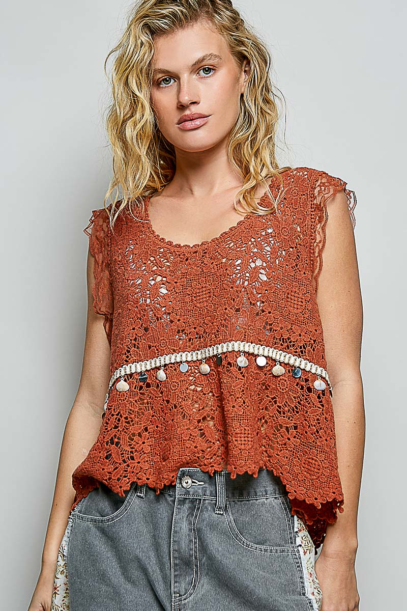Lace Trim Openwork V-Neck Crochet Tank with Scalloped Edge