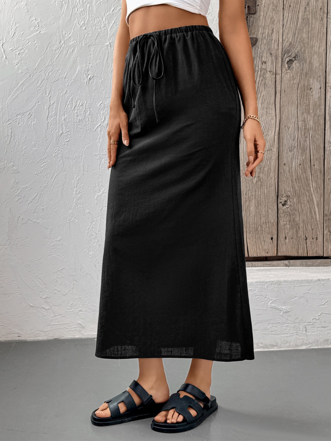 Slit Skirt with Drawstring Waist