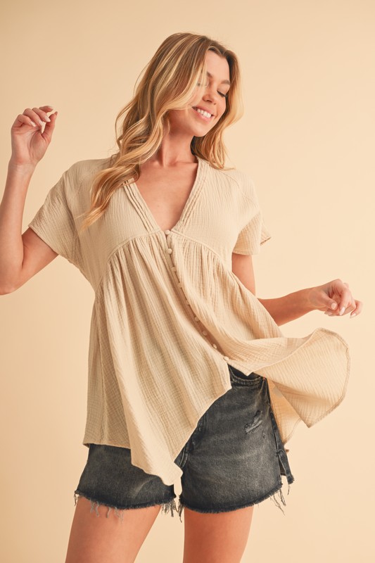 Tuck Detail V-Neck Short Sleeve Blouse