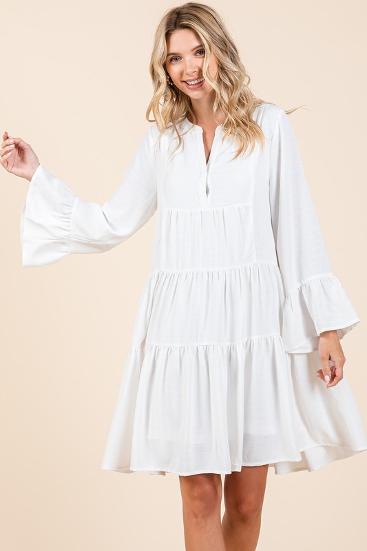 Tiered Notched Flare Sleeve Dress