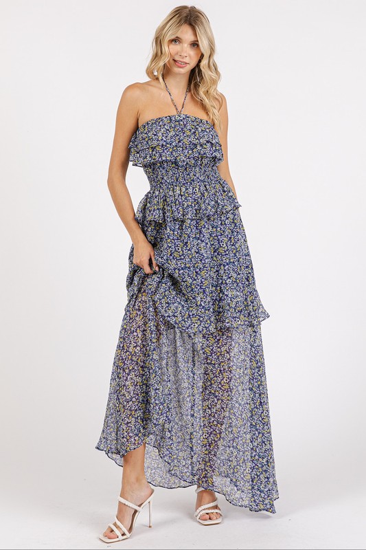 Ruffled Smocked Floral Halter Neck Maxi Dress