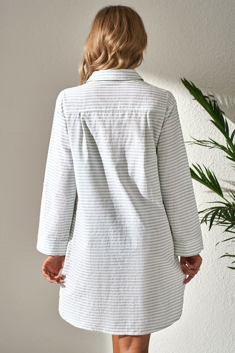 Striped Johnny Collar Long Sleeve Mini Shirt Dress