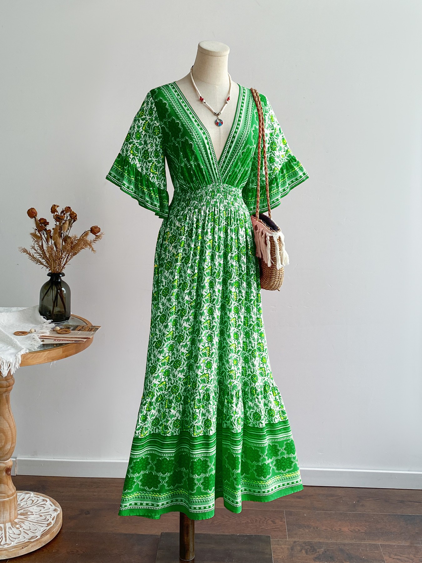 Floral Deep V-Neck Flutter Sleeves Dress