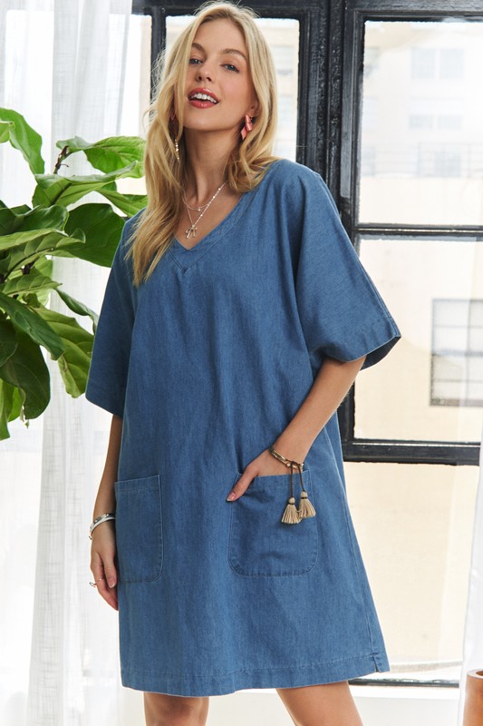 V-Neck Half Sleeve Mini Denim Dress