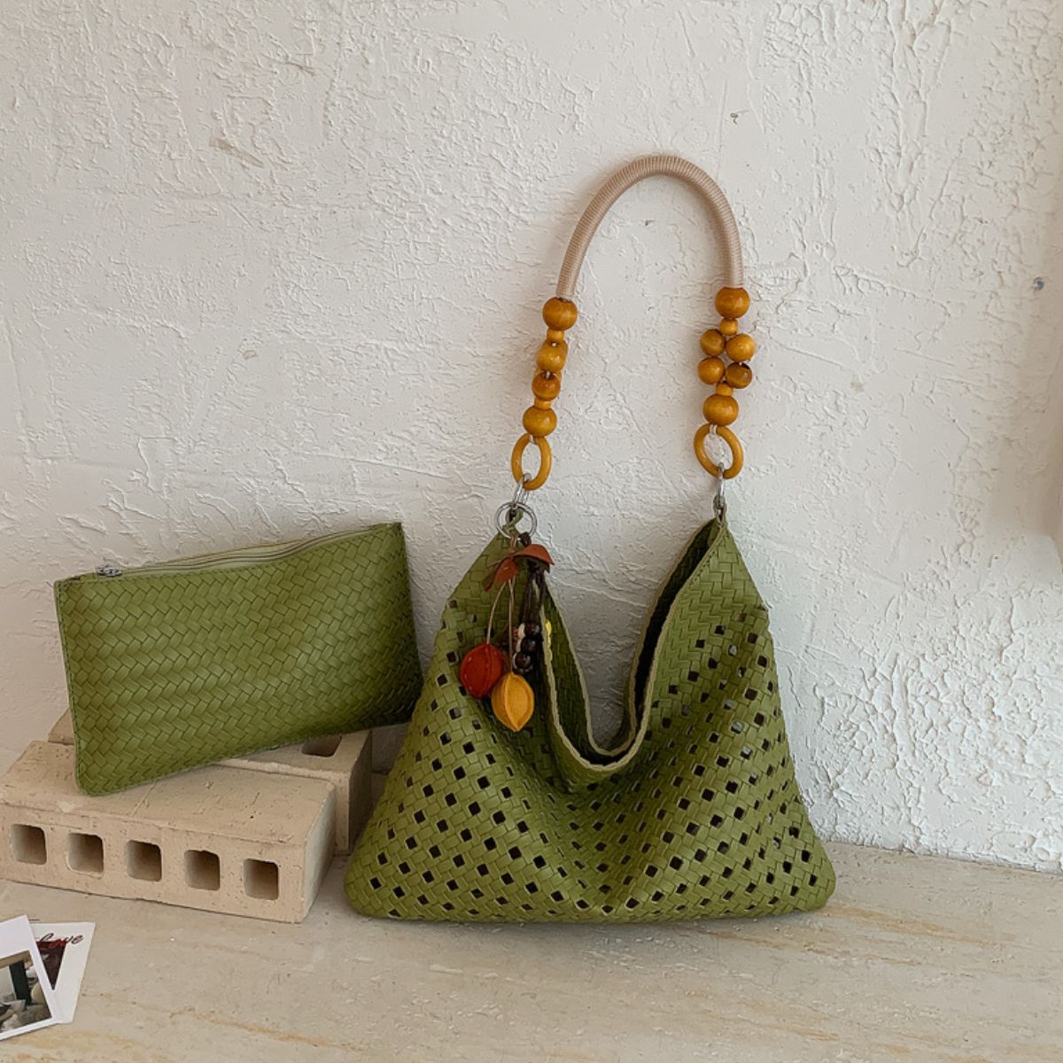 Cutout Shoulder Bag with Beaded Handle