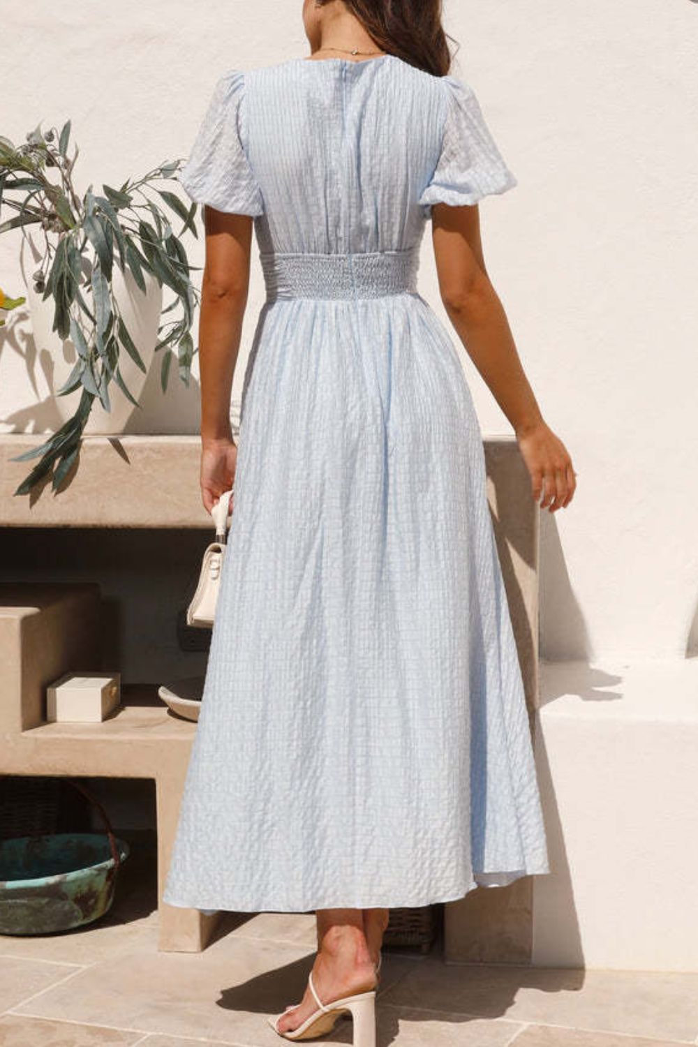 V-Neck Puff Short Sleeve Midi Dress