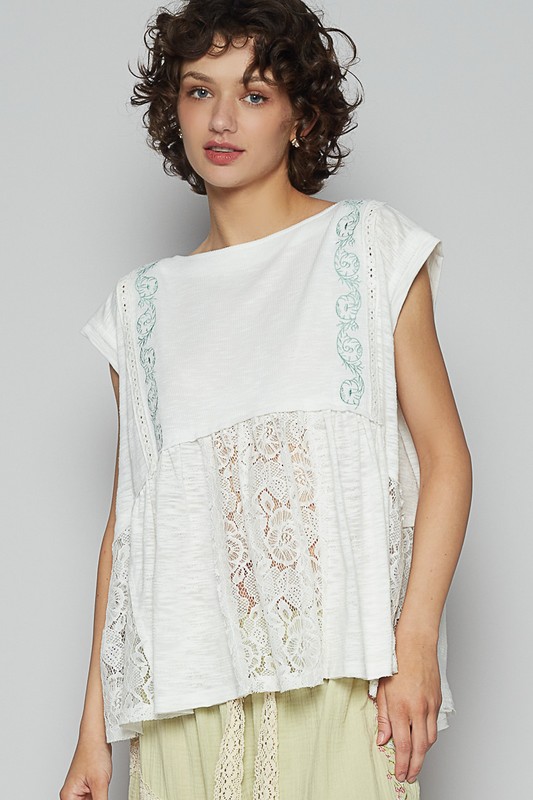 Embroidered Detail Boat Neck Cap Sleeve Lace Blouse