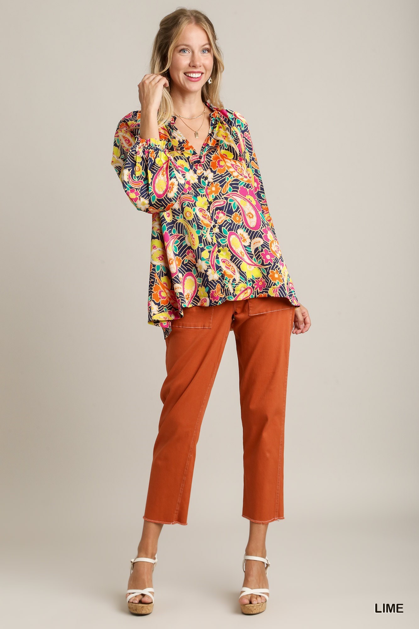 Umgee Full Size Satin Paisley Ruffle Neck Button-Up Shirt Plus Size