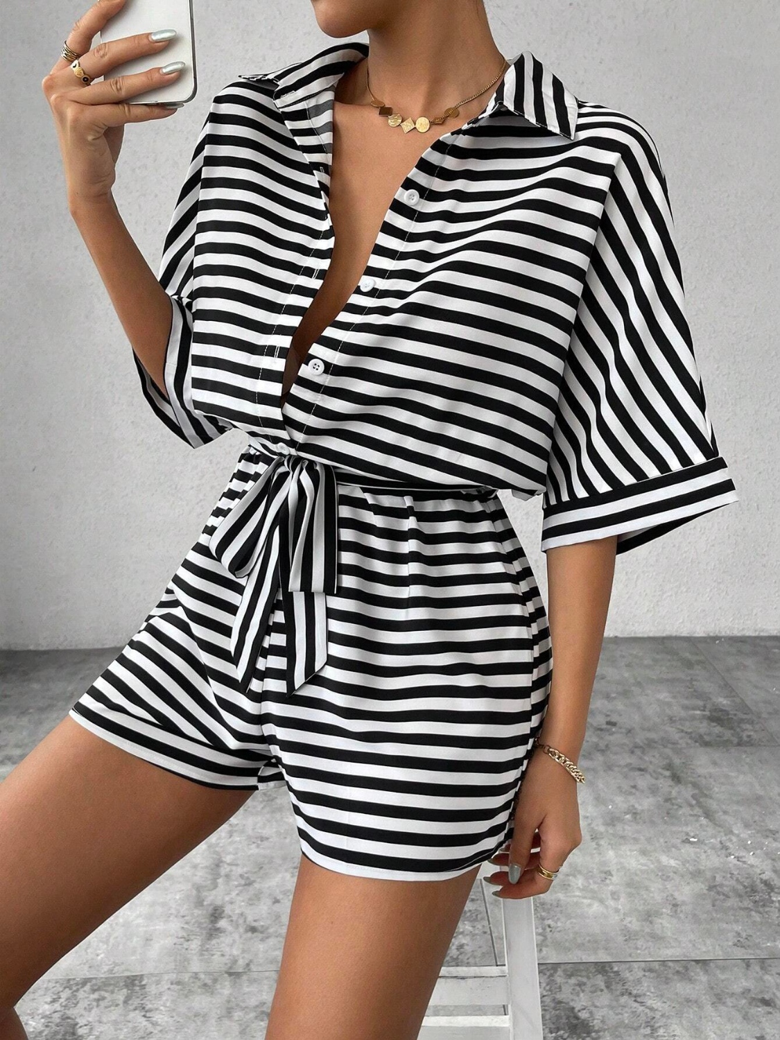 Tie Waist Half Button Striped Romper
