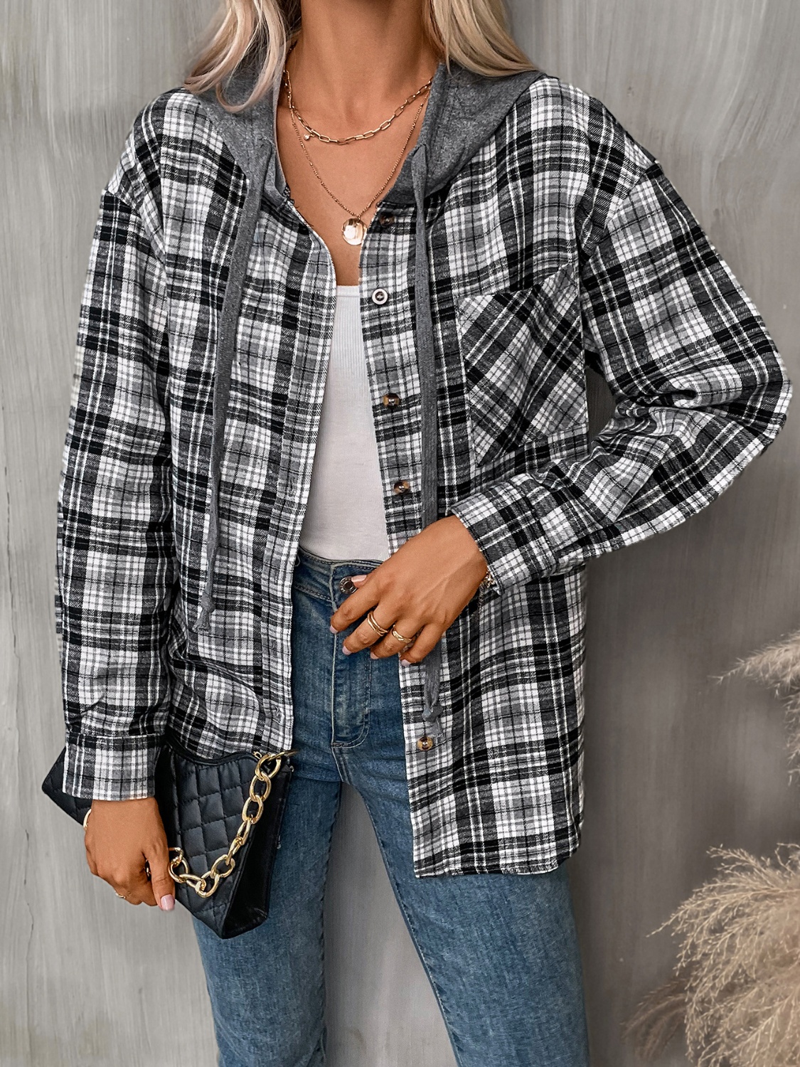 Plaid Long Sleeve Hooded Jacket view 5