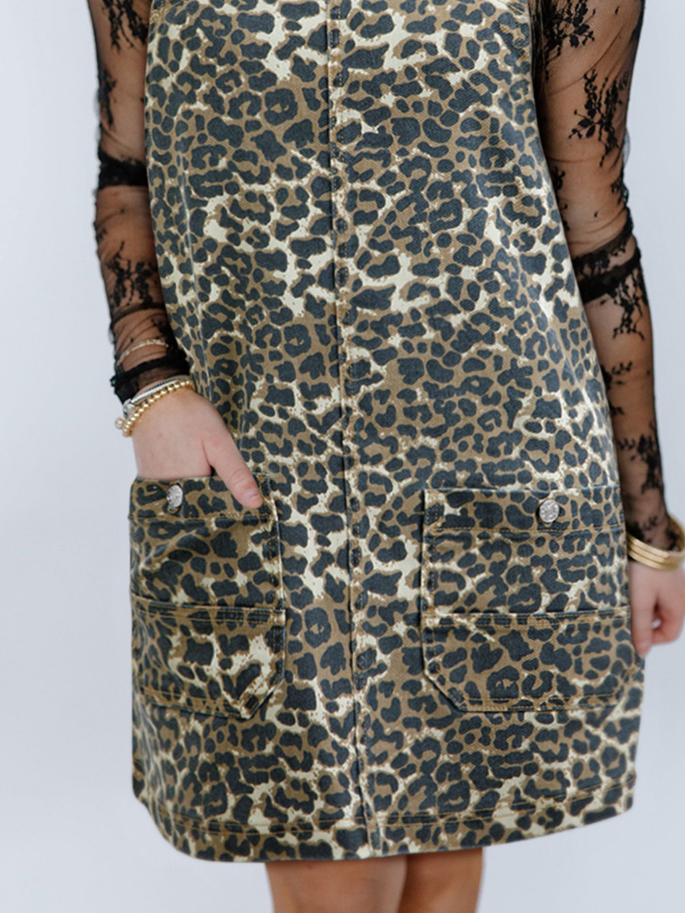 Leopard Print Denim Overall Dress