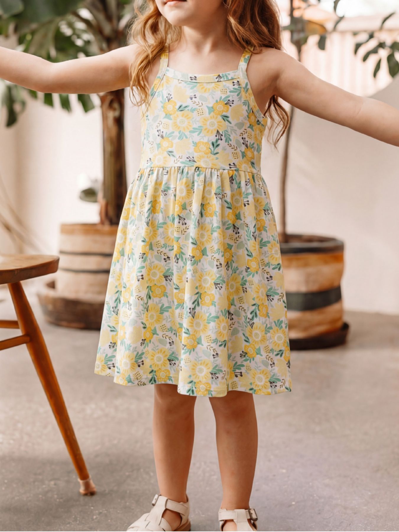 Children's Floral Print Spaghetti Strap Dress 1