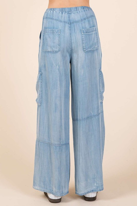 Washed Elastic Waist Cargo Wide Leg Pants