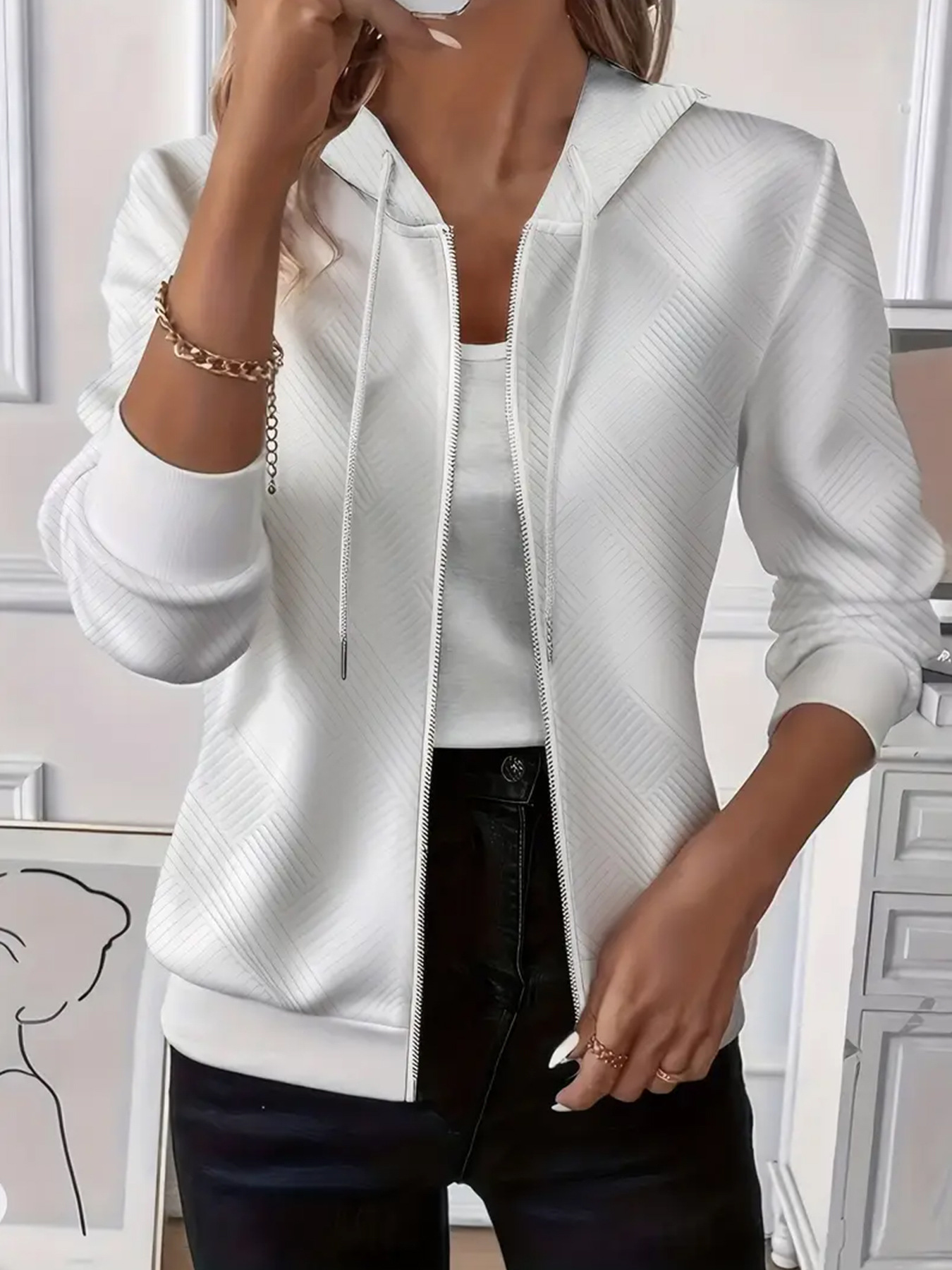 Texture Zip-Up Hoodie with Drawstring 1