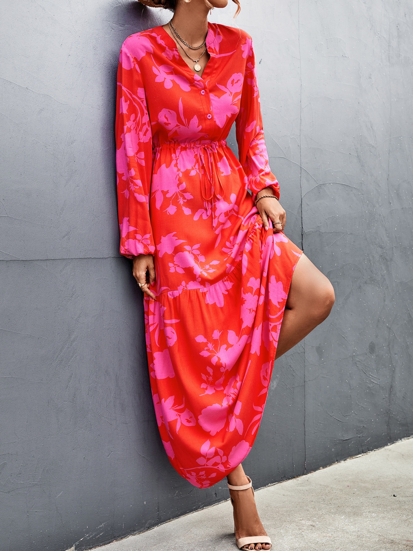 Floral Drawstring Waist Long Sleeve Maxi Dress