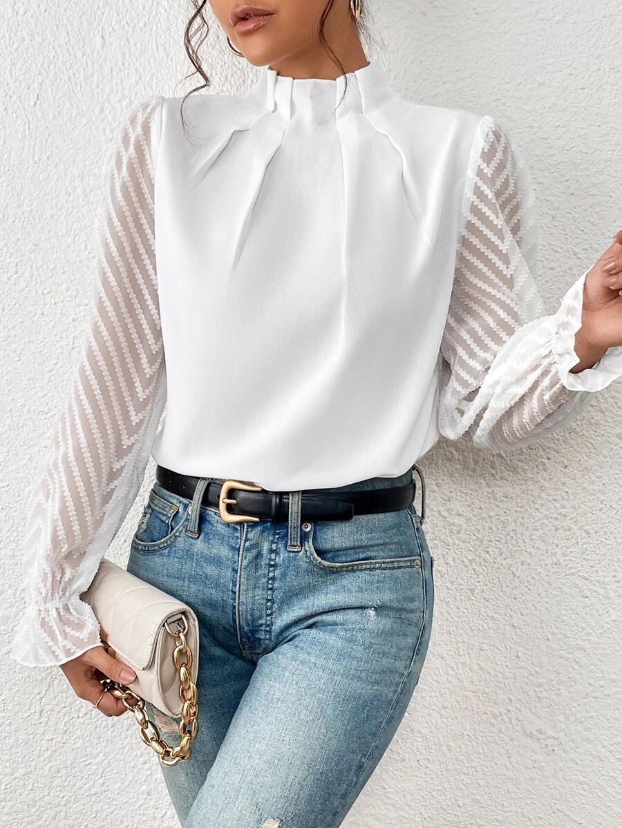 Mock Neck Sheer Lace Sleeve Blouse