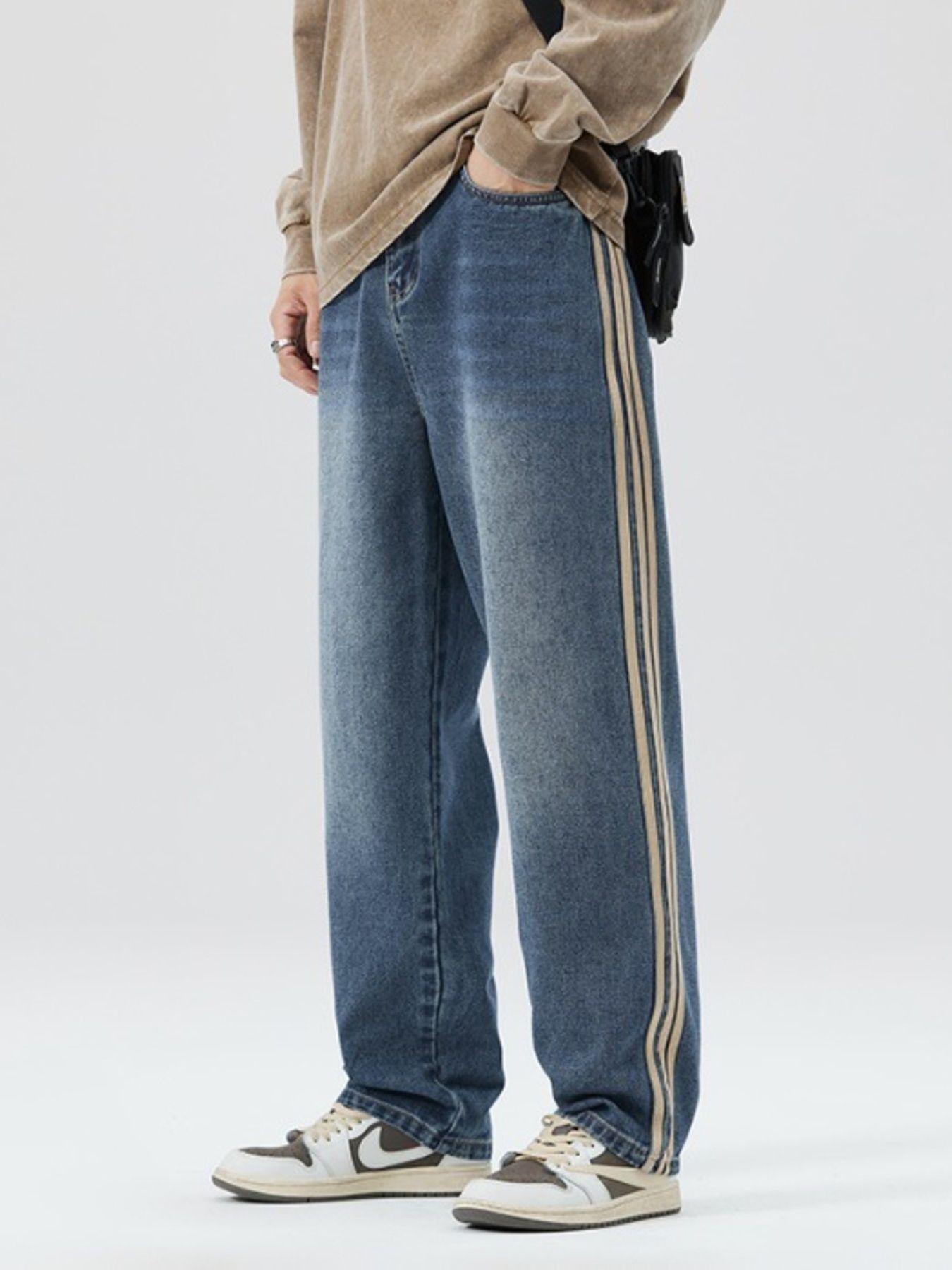 Men's Plus Size Side Striped Wide Leg Jeans