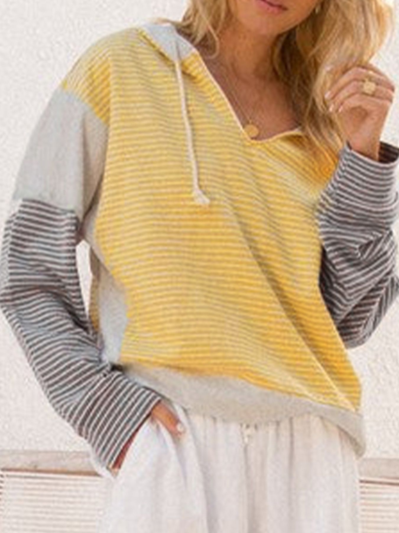 Striped Color Block Hoodie with Drawstring