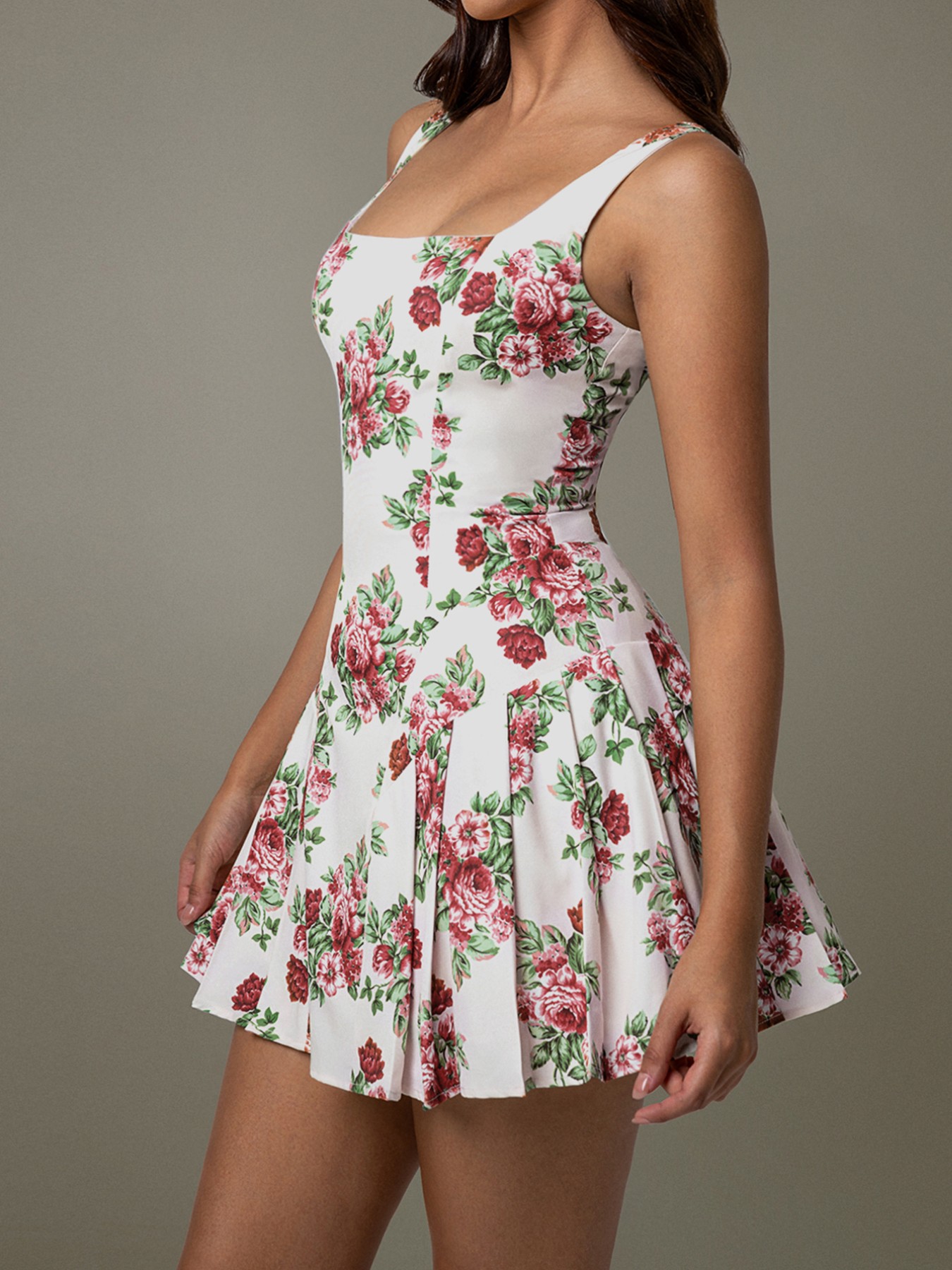 Pleated Floral Print Square Neck Mini Dress