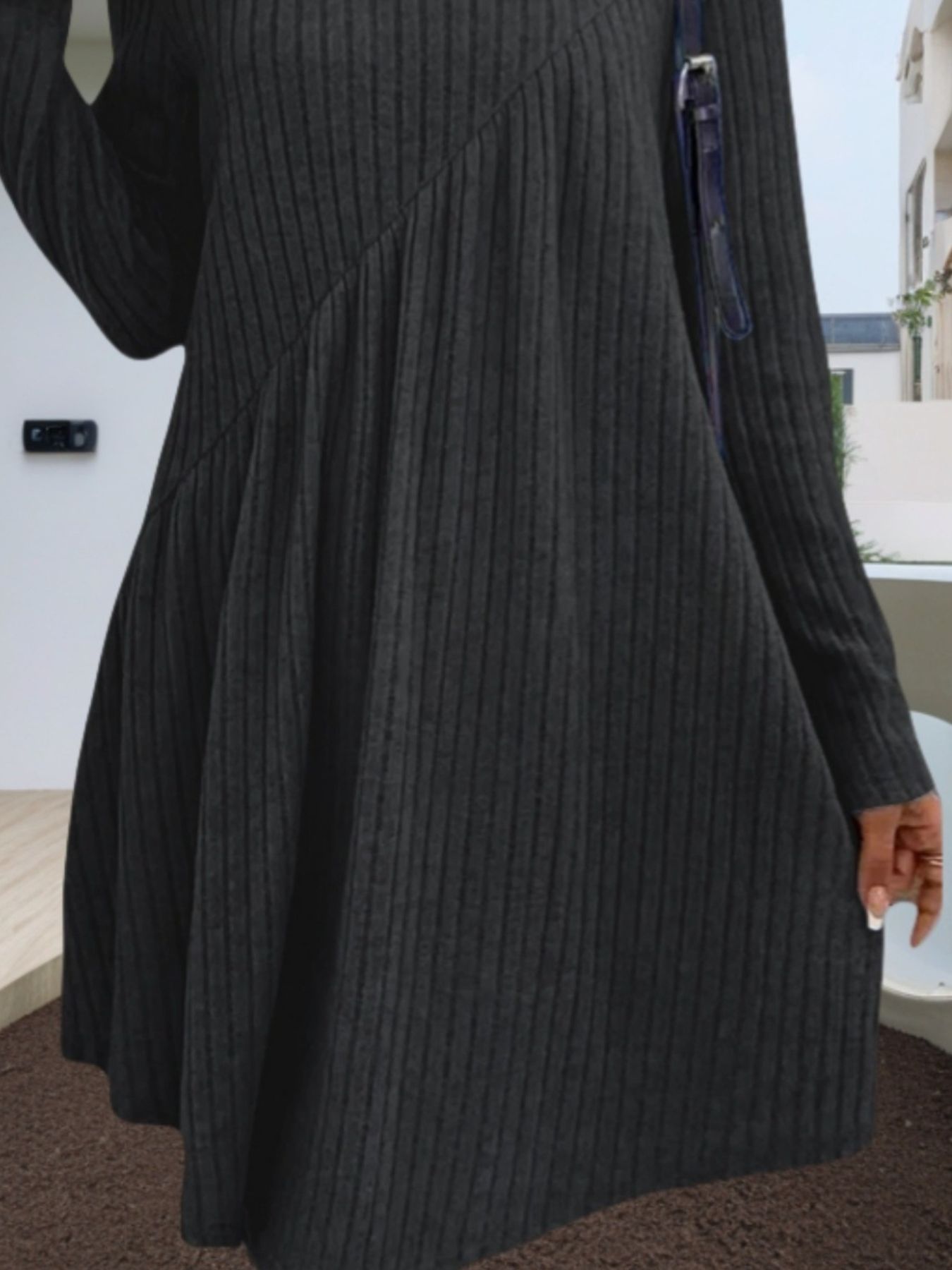 Casual Ribbed Knit Long Sleeve Swing Dress