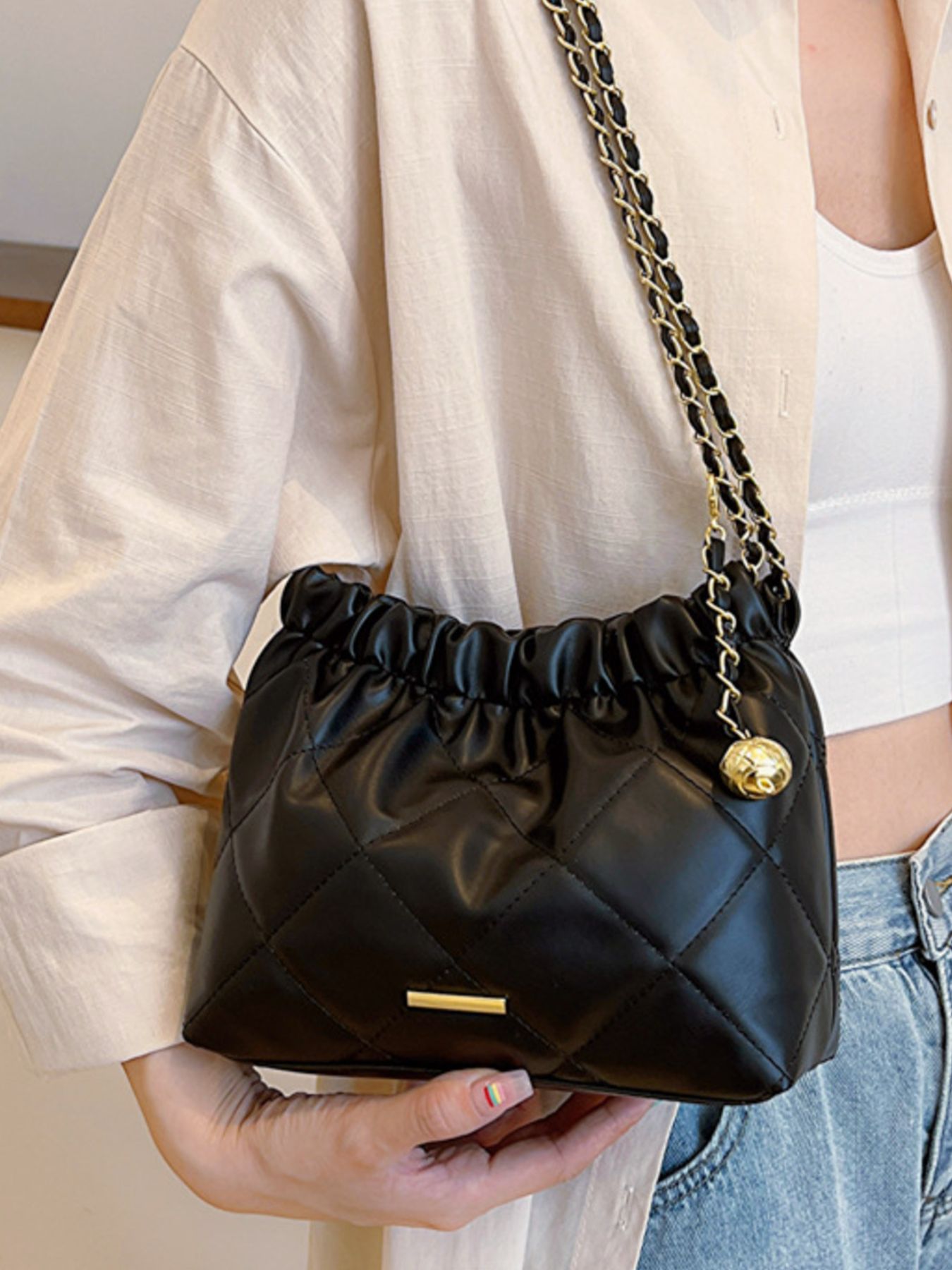 Quilted Ruched Chain Shoulder Bag