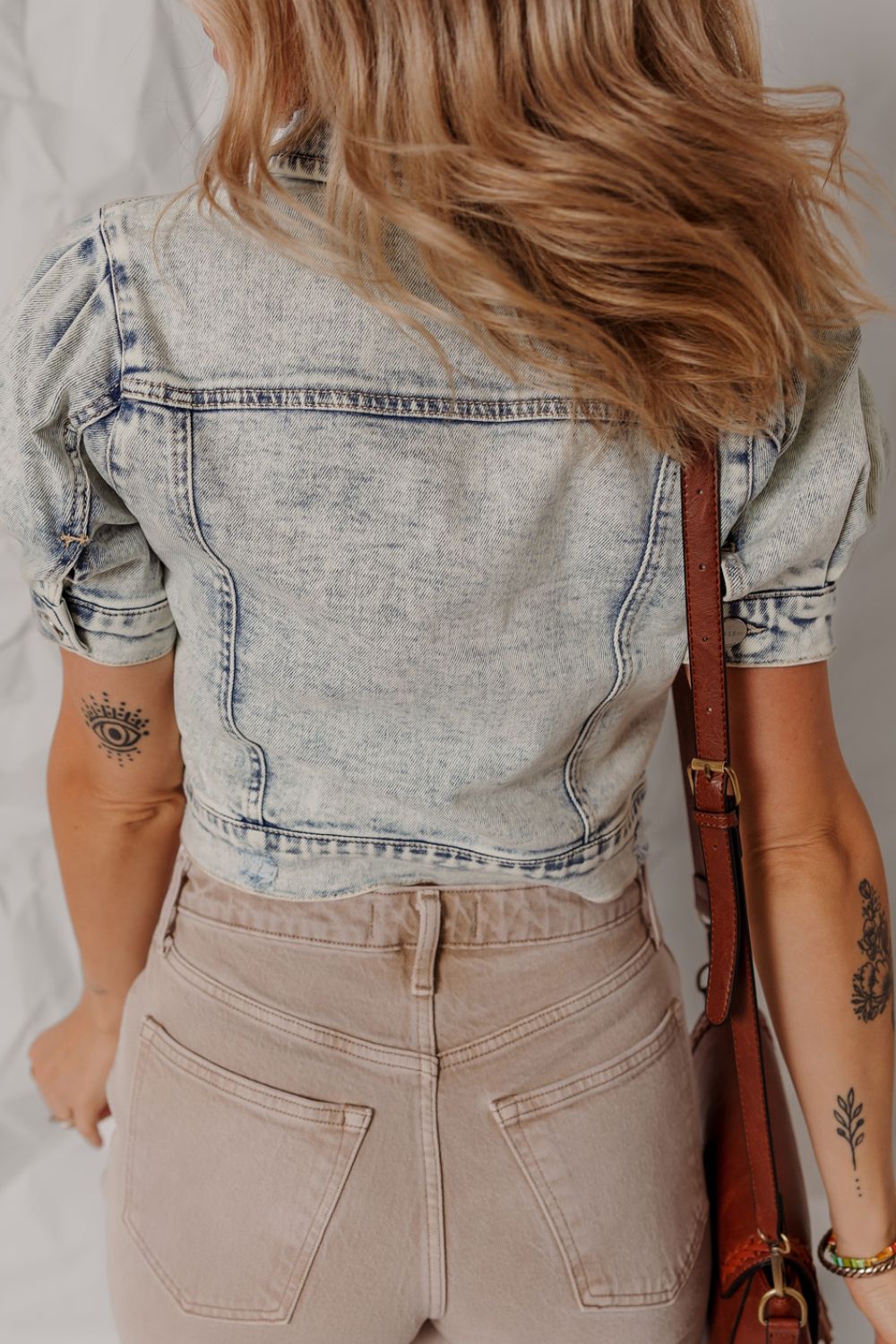 Wash Buttoned Chest Pocket Puff Sleeve Denim Jacket