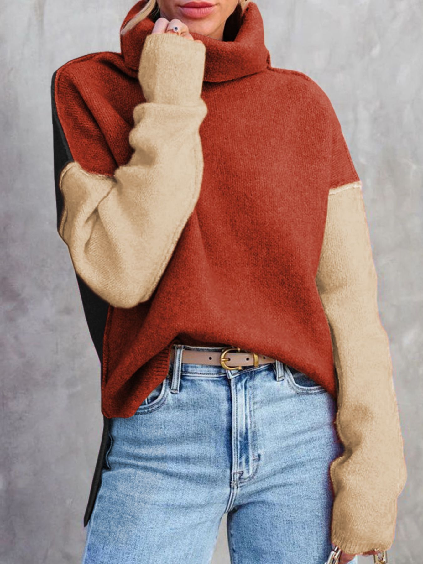 Color Block Turtleneck Drop Shoulder Knit Sweater