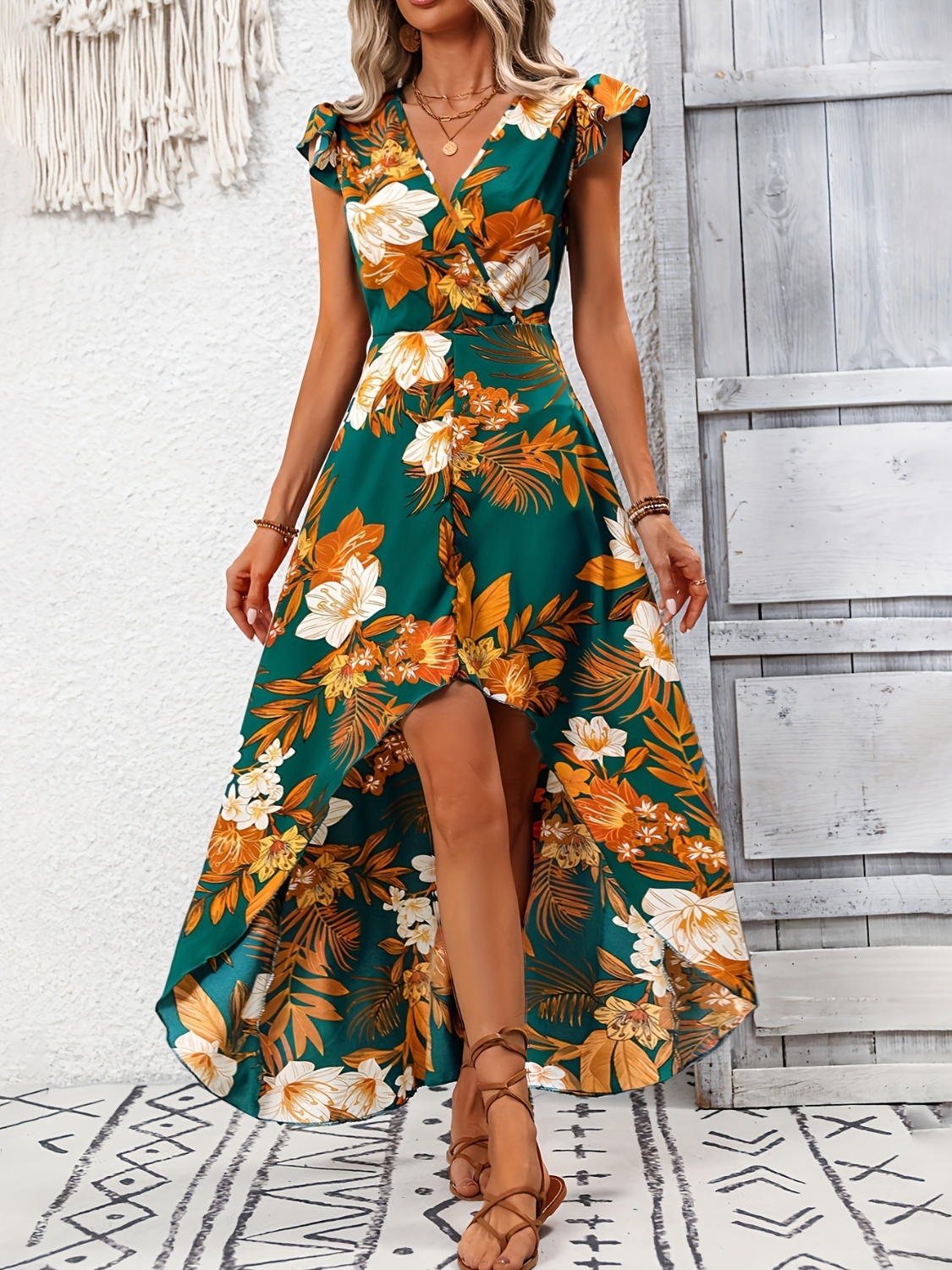 High-Low Printed Cap Sleeve Maxi Dress