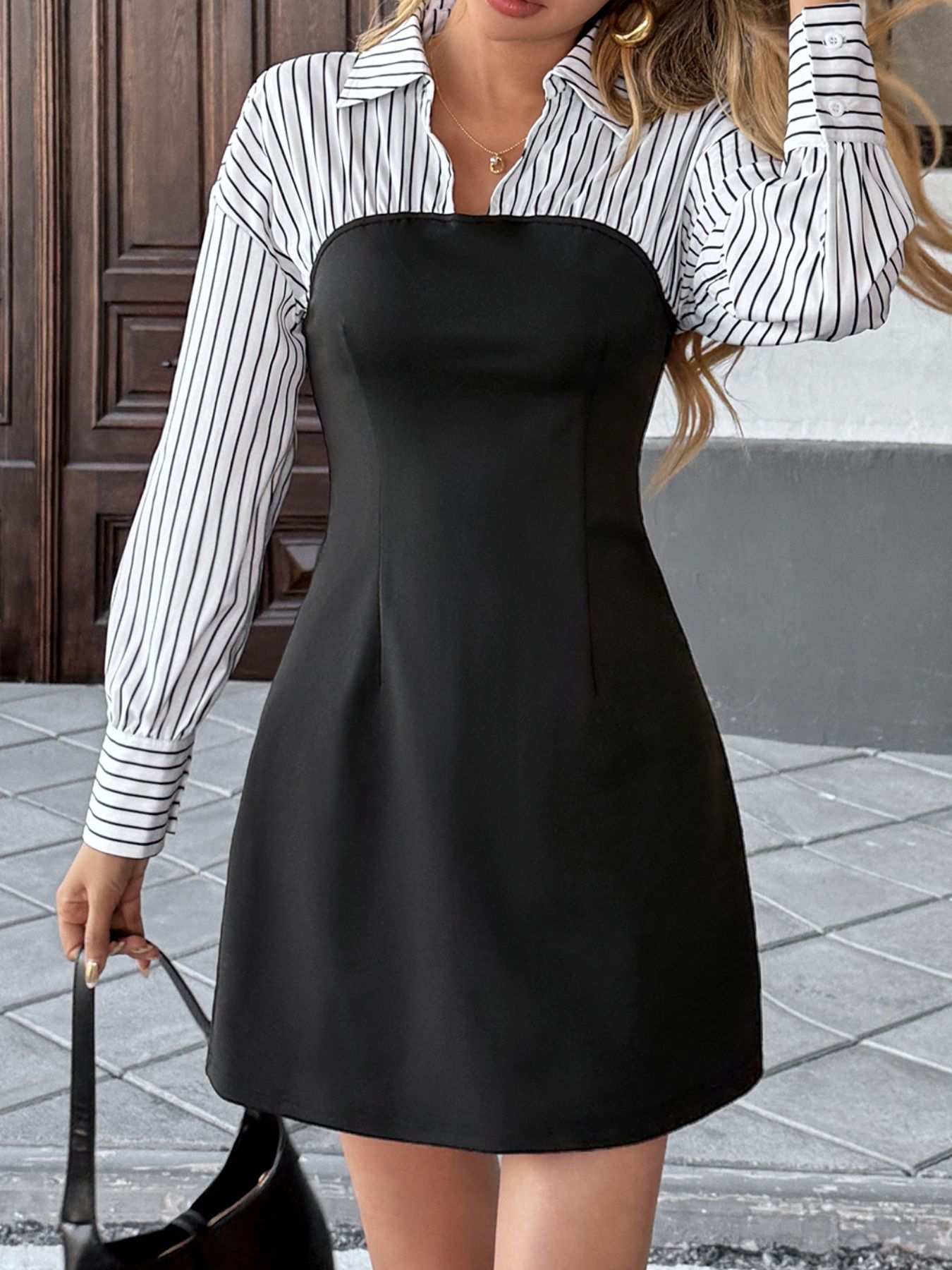 Striped Shirt Panel Bodycon Mini Dress
