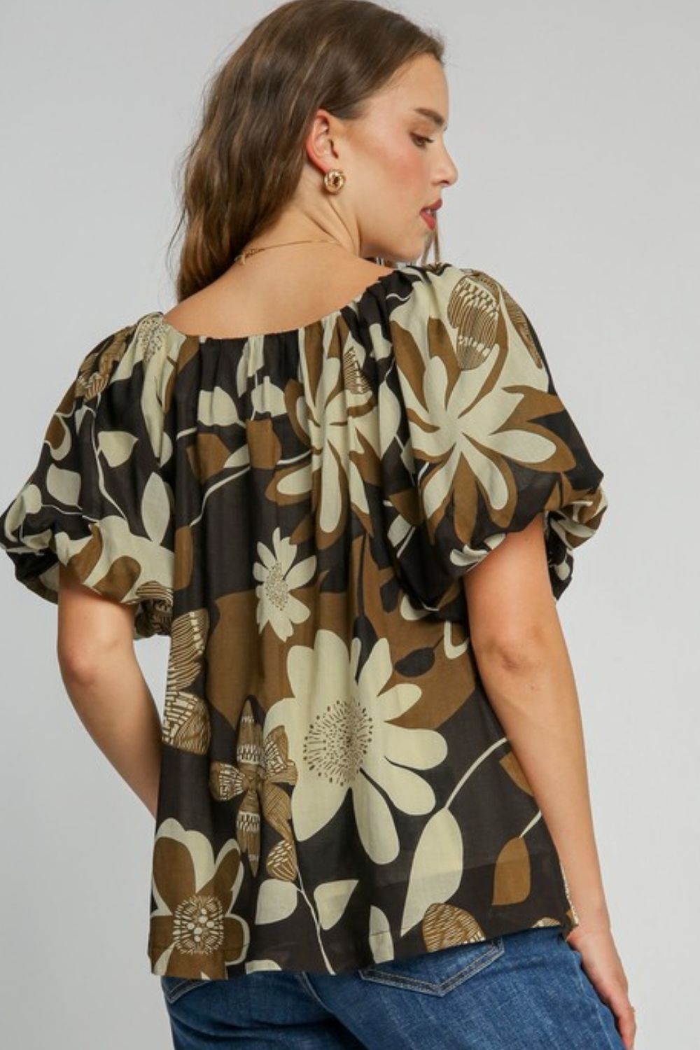 Umgee Full Size Print Round Neck Puff Sleeve Top Plus Size