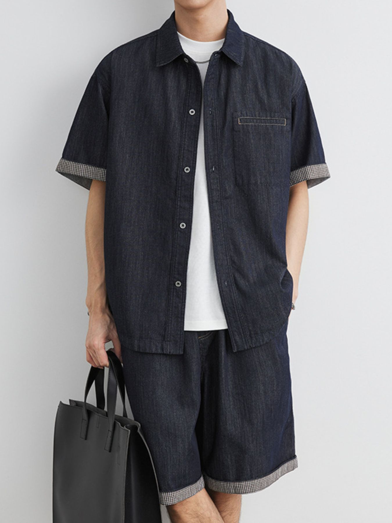 Men's Wash Short Sleeve Top and Shorts Denim Set