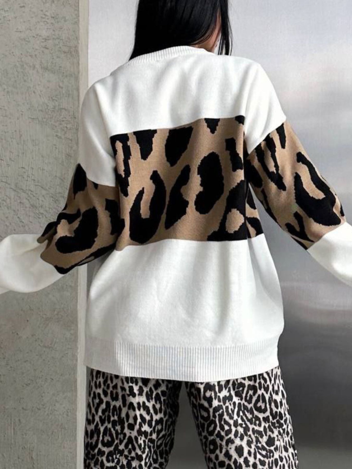 Leopard Color Block Round Neck Sweater