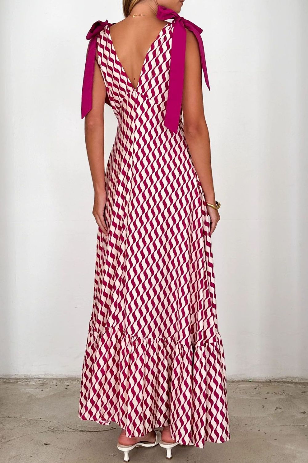 Printed V-Neck Tie Shoulder Midi Cami Dress