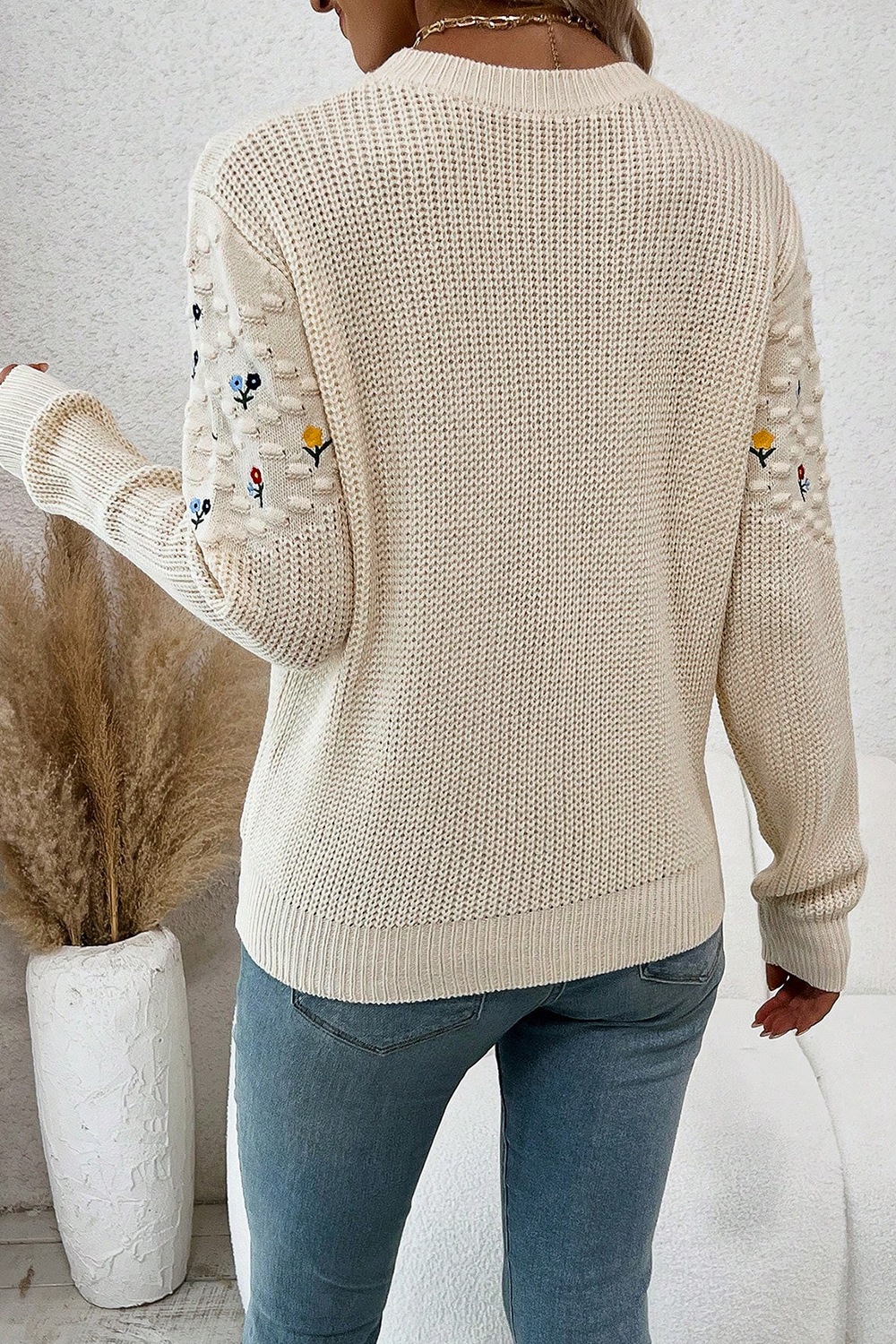 Floral Round Neck Dropped Shoulder Sweater