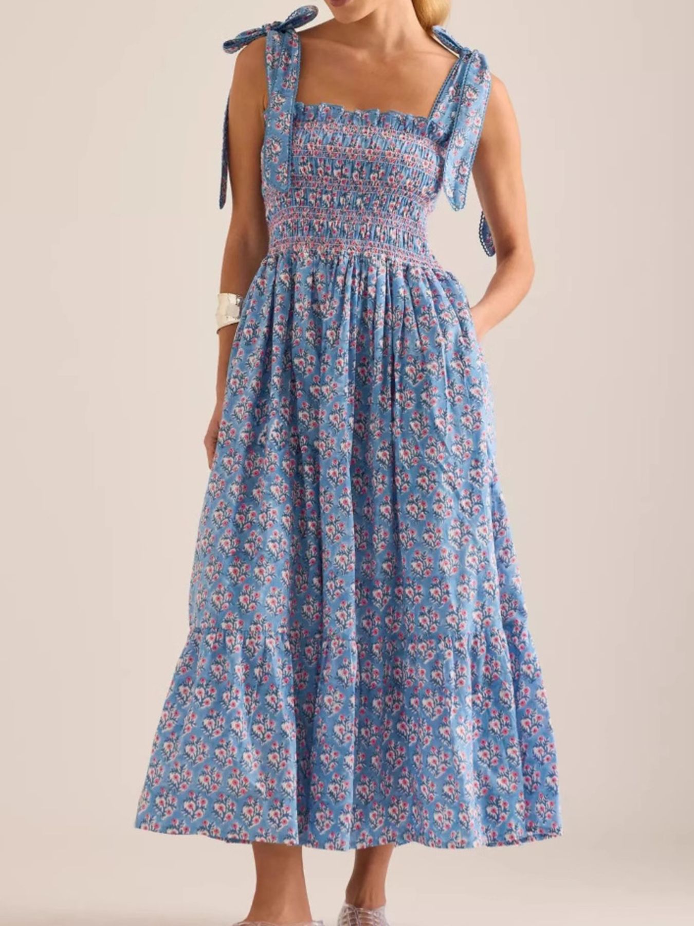 Floral Smocked Tie-Shoulder Midi Dress
