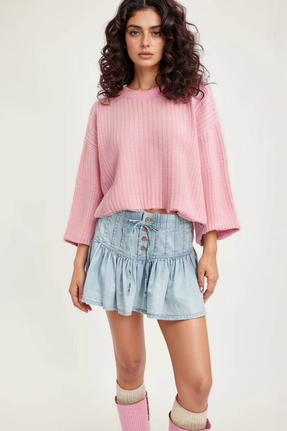 Buttoned Ruffled Mini Denim Skirt