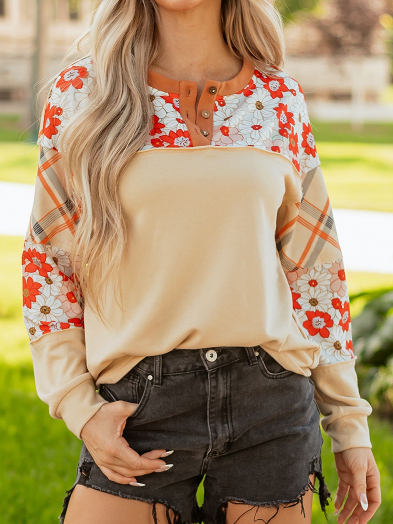 Floral Plaid Patchwork Casual Top