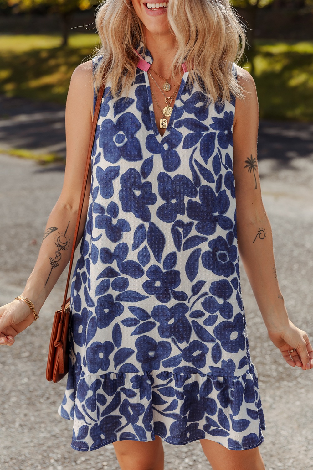 Floral Sleeveless Color Block Notched V Neck Mini Dress