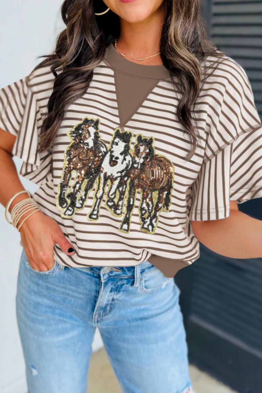 Sequin Striped Round Neck T-Shirt