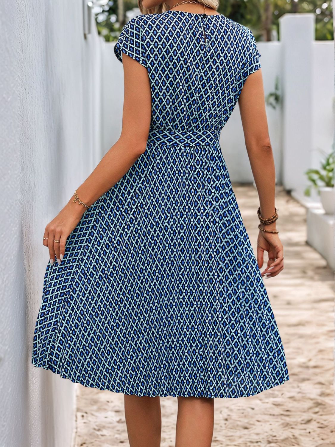 Printed Round Neck Short Sleeve Midi Dress