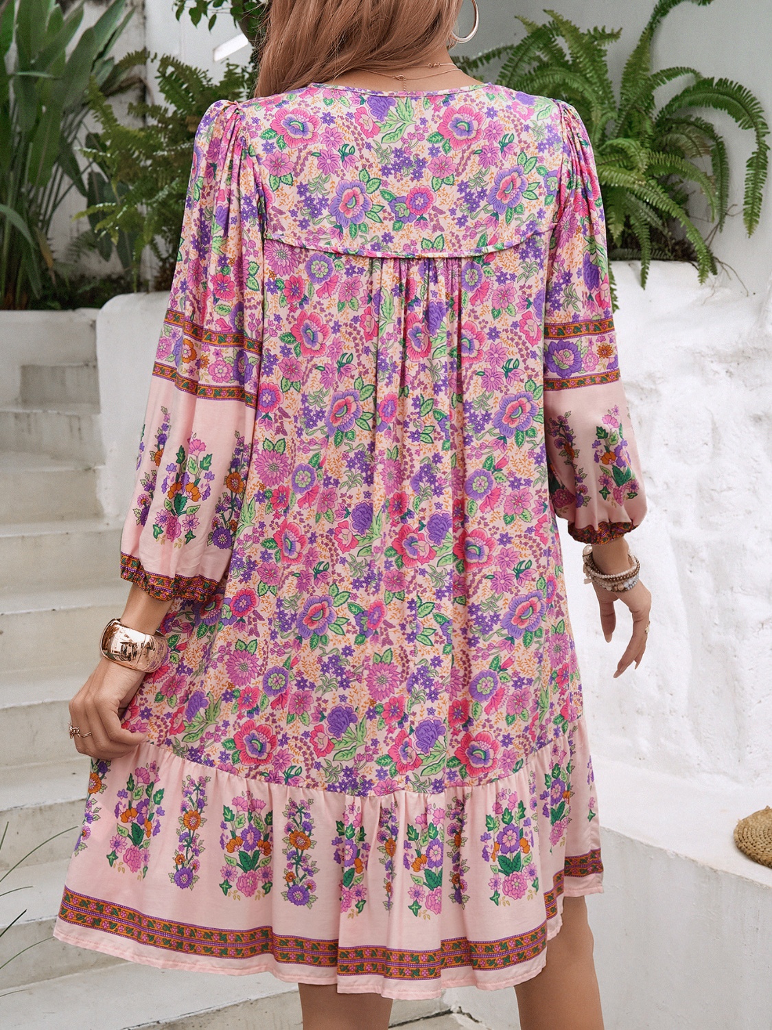 Tassel Floral Tie Neck Mini Dress