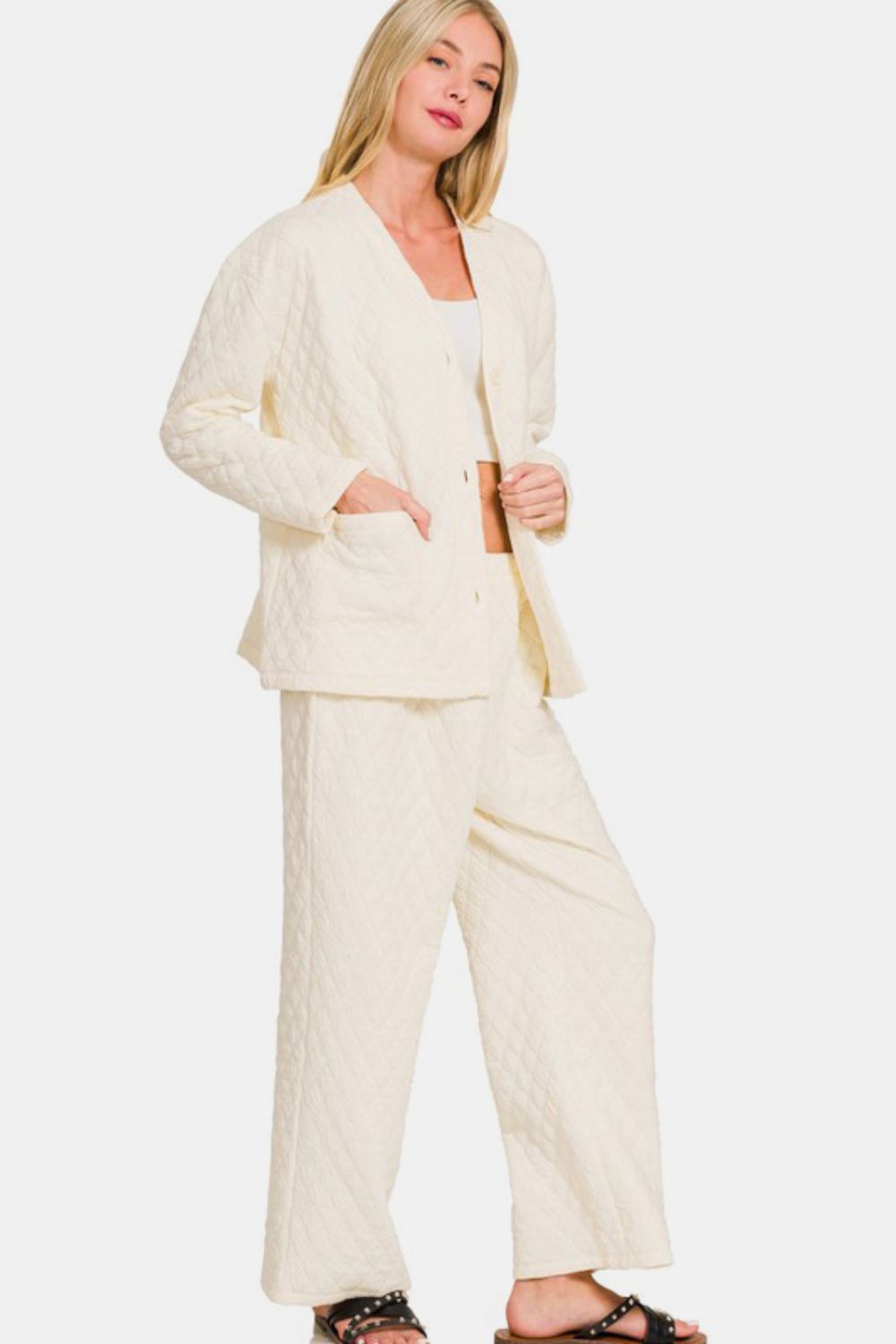 Quilted Button Up Long Sleeve Top and Pants Lounge Set