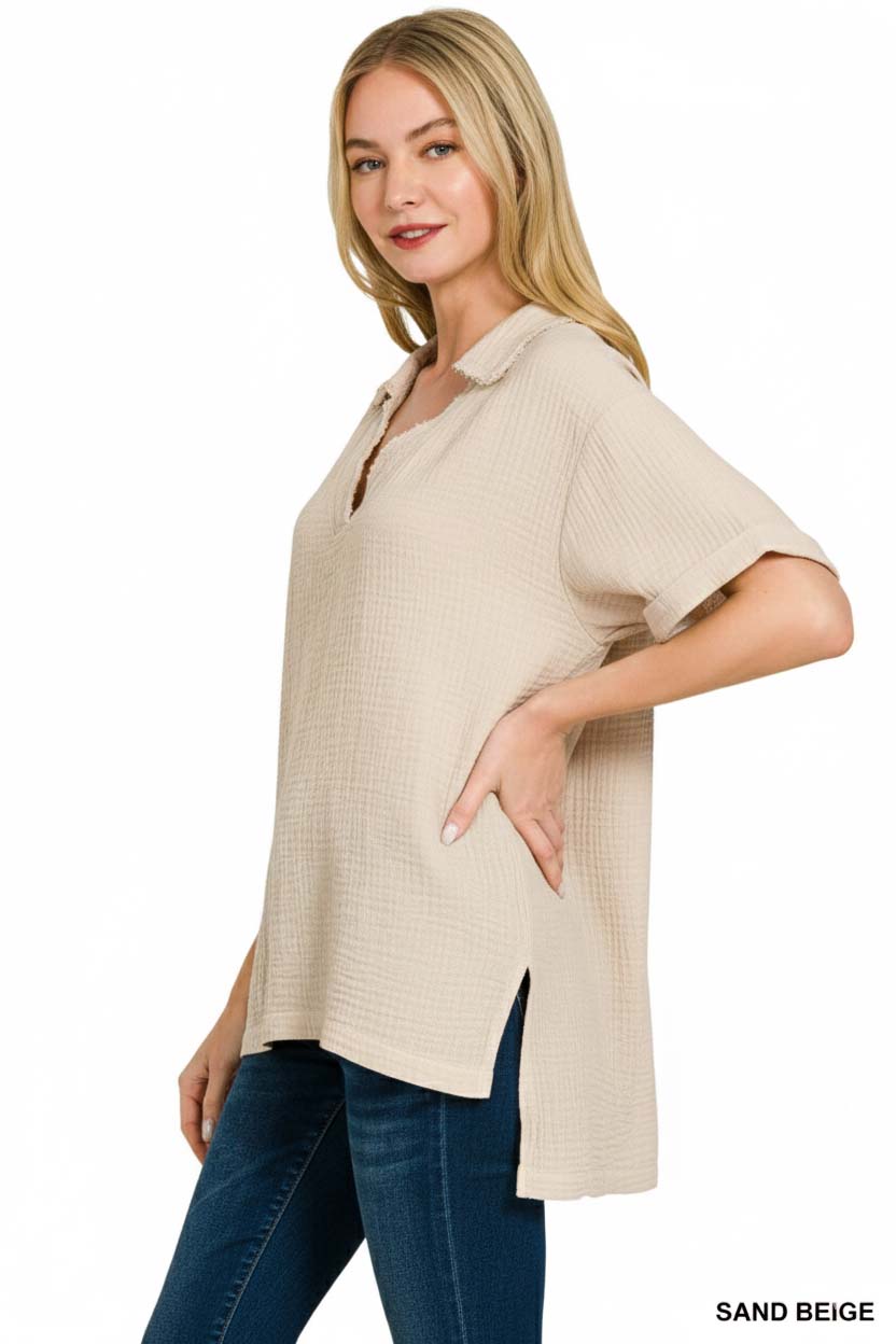 Double Gauze Short Sleeve High-Low Top