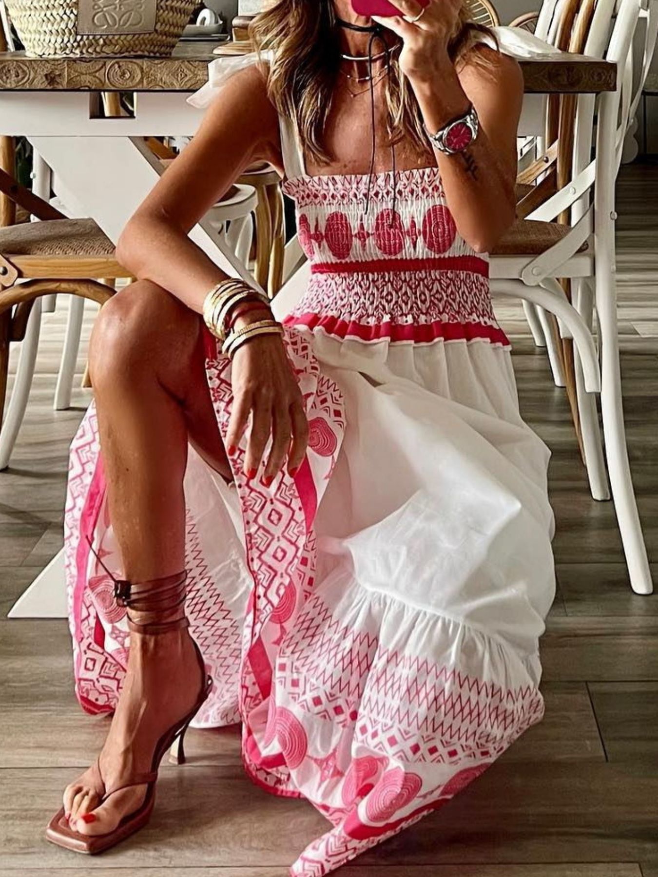 Smocked Printed Tie Shoulder Maxi Dress