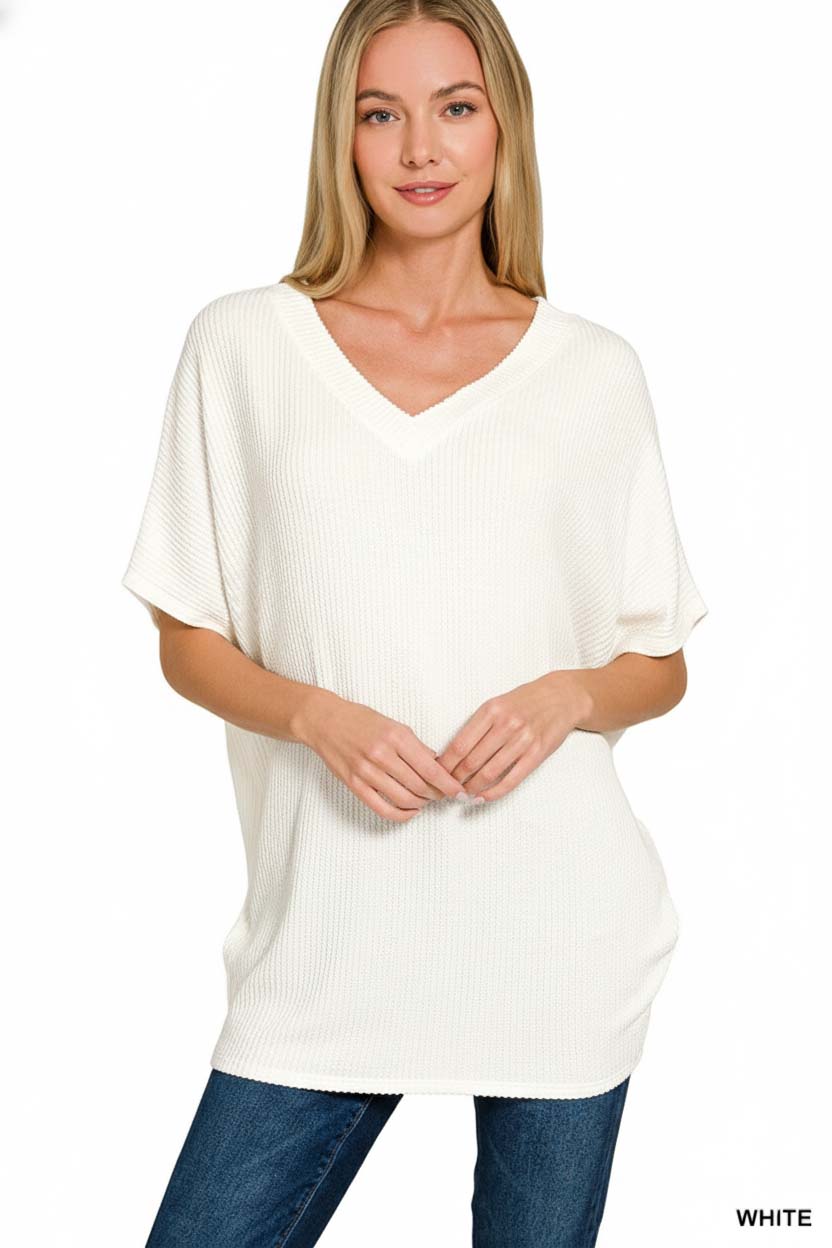 Raised Rib V-Neck Batwing Top