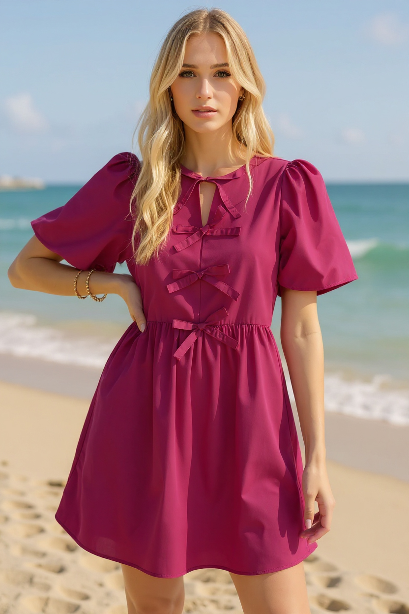 Bow Ruched Puff Sleeve Mini Dress